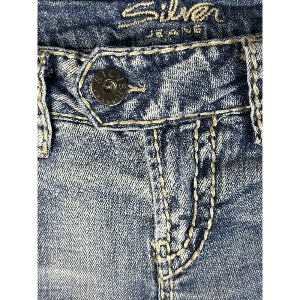 Silver Jeans Women’s 27/33 Tuesday Bootcut Flare Low-Rise Distressed Blue Denim - Picture 8 of 16